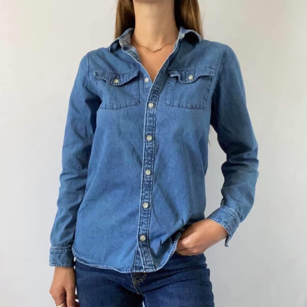 Hanna Andersson Denim Blue Cotton Long Sleeve Classic Button-Down Shirt Size 14